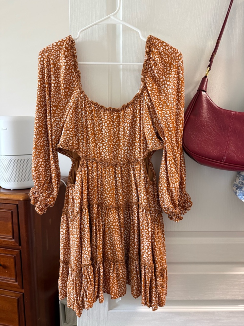 Altar'd State Rust Brown Printed Long-Sleeve Tiered Dress